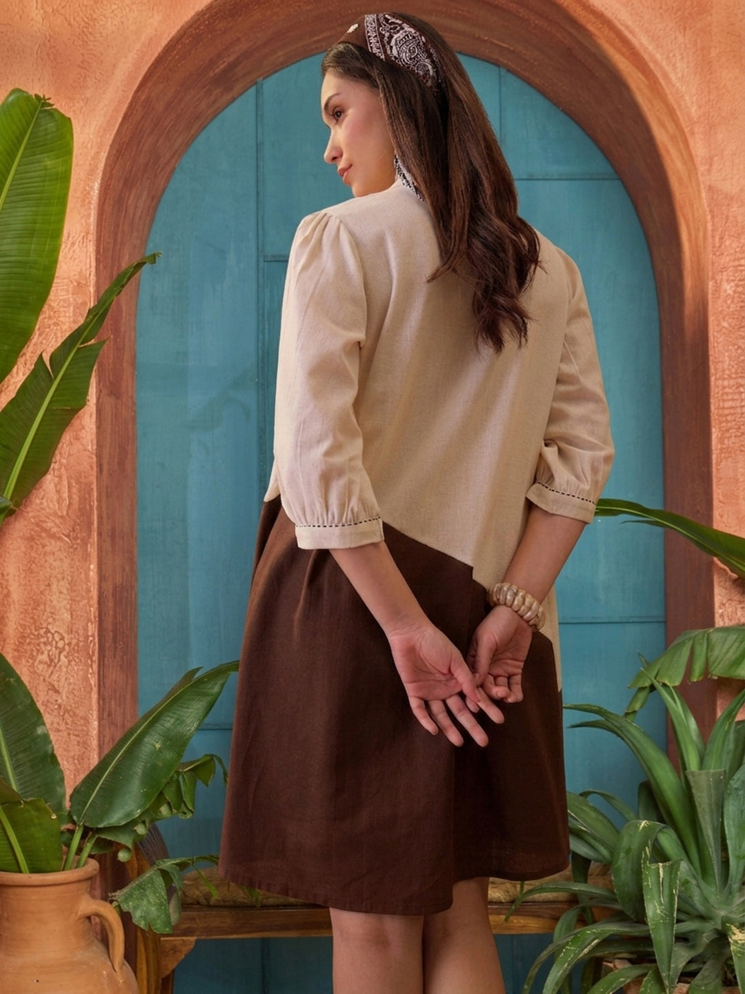 Women's Brown Solid Cotton A-Line Dress (DRSBROWNBONY) | DesiQlo