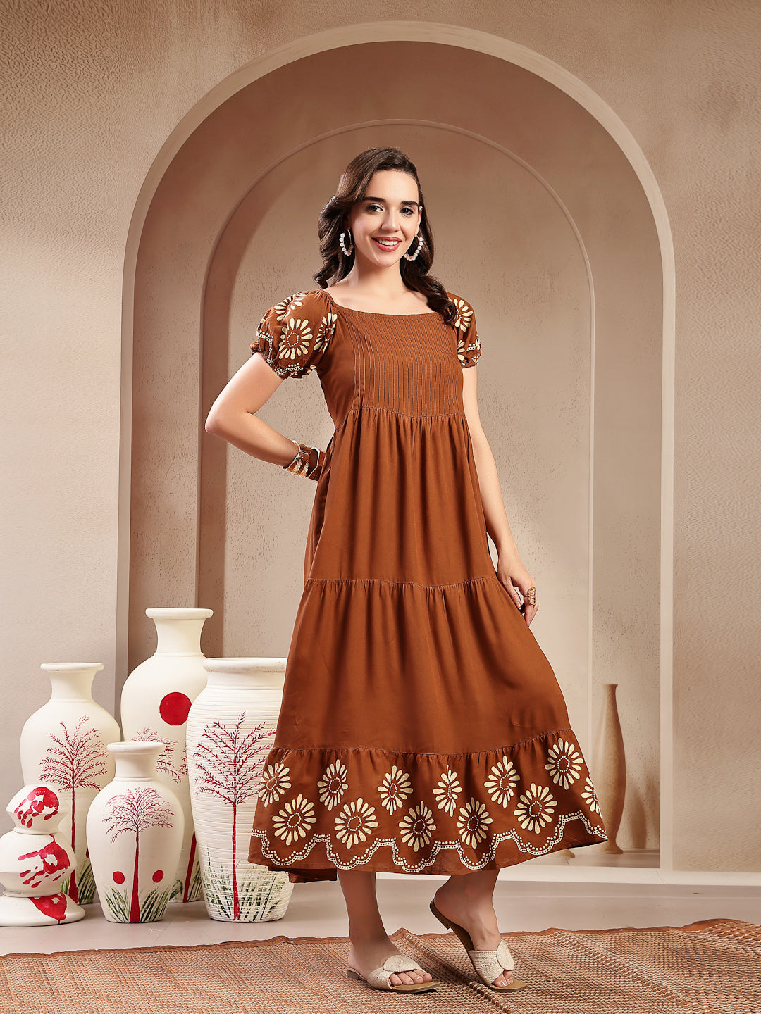Women's Brown Solid Rayon Tiered Dress (DRSBROWNERUDE) | DesiQlo