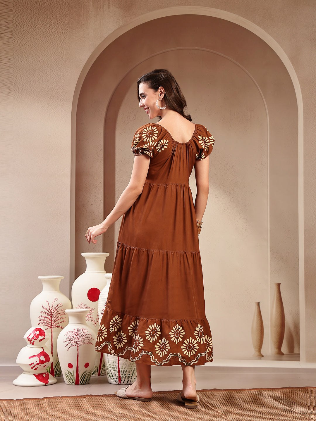 Women's Brown Solid Rayon Tiered Dress (DRSBROWNERUDE) | DesiQlo
