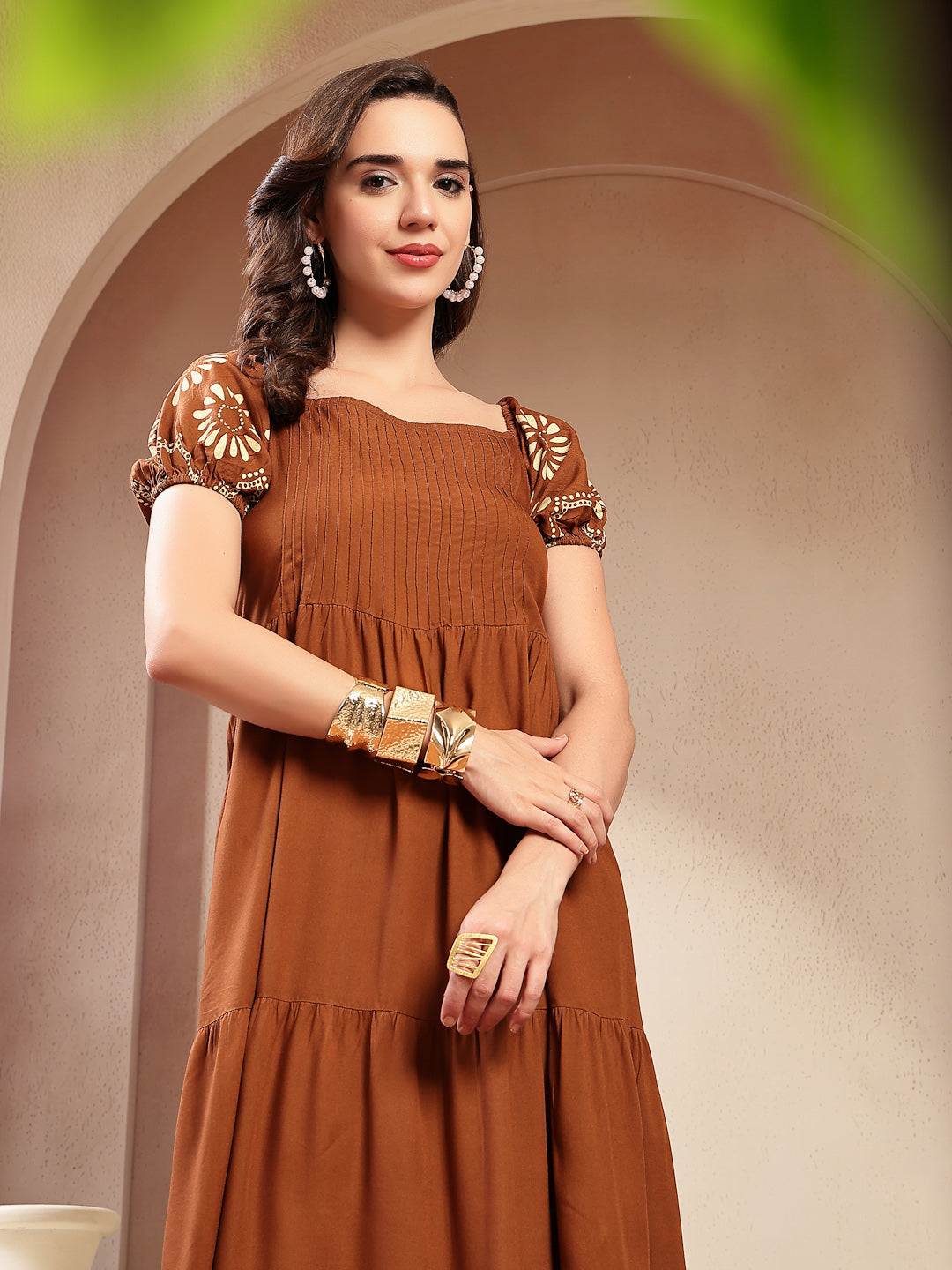 Women's Brown Solid Rayon Tiered Dress (DRSBROWNERUDE) | DesiQlo