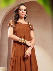 Stylum Women's Brown Solid Rayon Tiered Dress (DRSBROWNERUDE)
