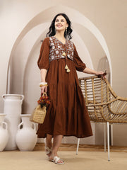 Stylum Women's Brown Solid & Embroidered Tiered Dress With Jacket (DRSBROWNFERRARI)