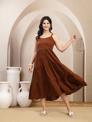 Stylum Women's Brown Solid & Embroidered Tiered Dress With Jacket (DRSBROWNFERRARI)
