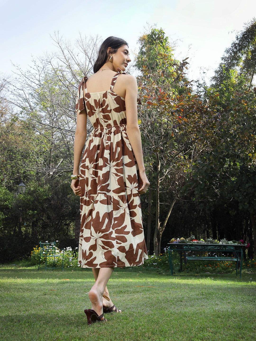 Women's Brown Floral Printed Cotton A-Line Dress (DRSBROWNFIFA) | Desi