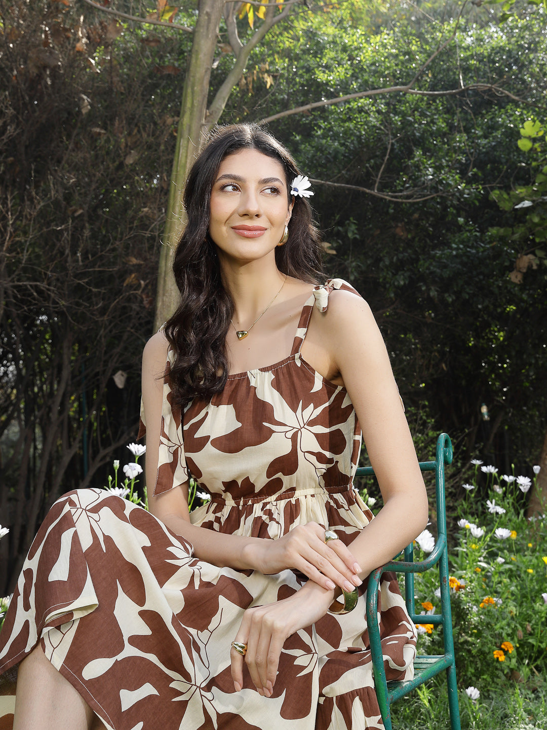 Women's Brown Floral Printed Cotton A-Line Dress (DRSBROWNFIFA) | Desi