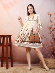 Women's Printed Rayon Flared dress-DRSBROWNGRACE