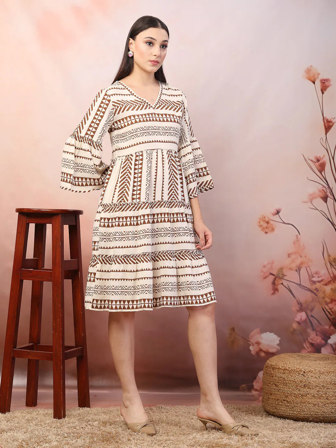Brown Printed Rayon Tiered Dress - Indian Dresses