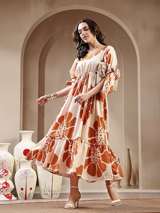 Women's Brown Floral Printed Rayon Tiered Dress (DRSBROWNSCHON)