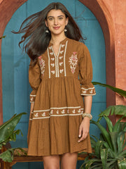 Stylum Women's Brown Woven Embroidered Cotton Dobby Tiered Dress (DRSBROWNTOFU)
