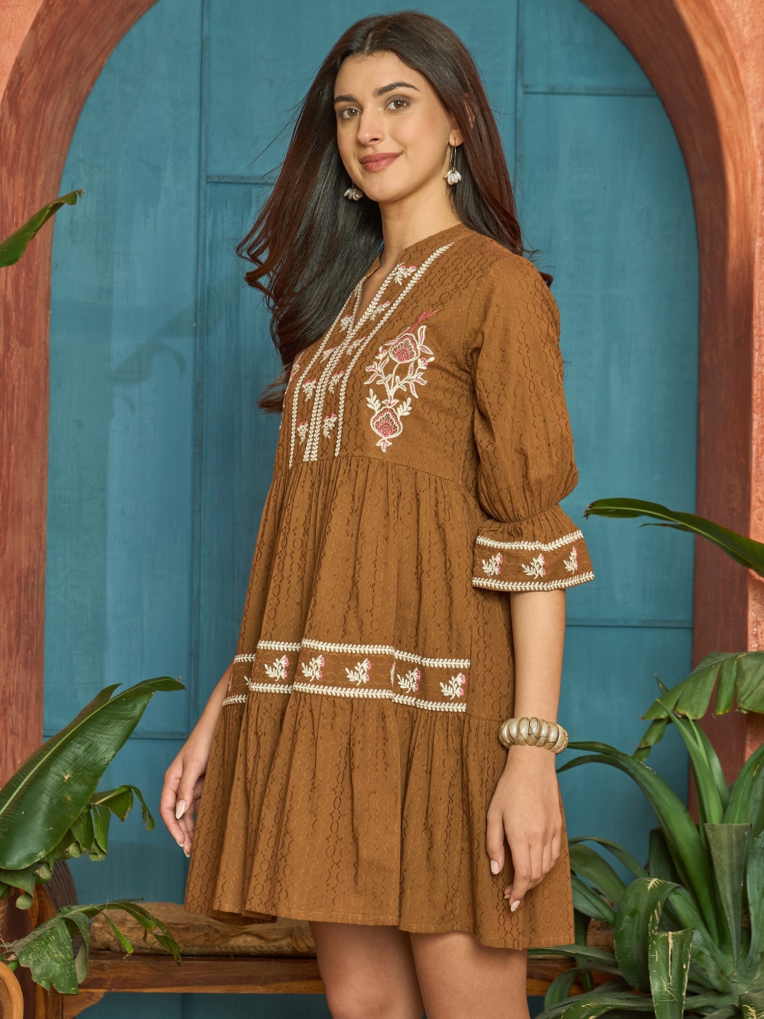 Women's Brown Woven Embroidered Cotton Dobby Tiered Dress (DRSBROWNTOF