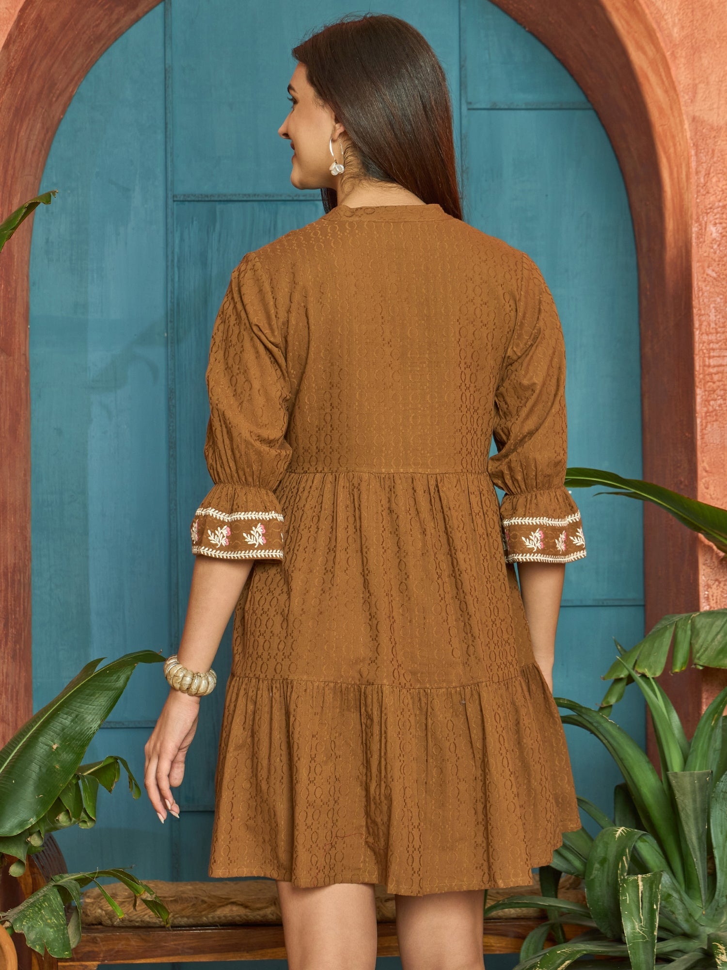 Women's Brown Woven Embroidered Cotton Dobby Tiered Dress (DRSBROWNTOF
