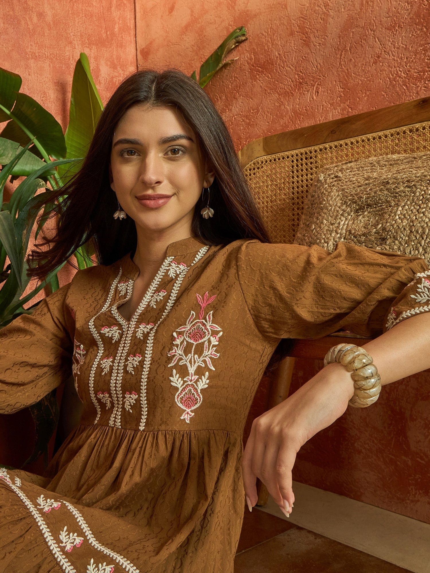 Women's Brown Woven Embroidered Cotton Dobby Tiered Dress (DRSBROWNTOF