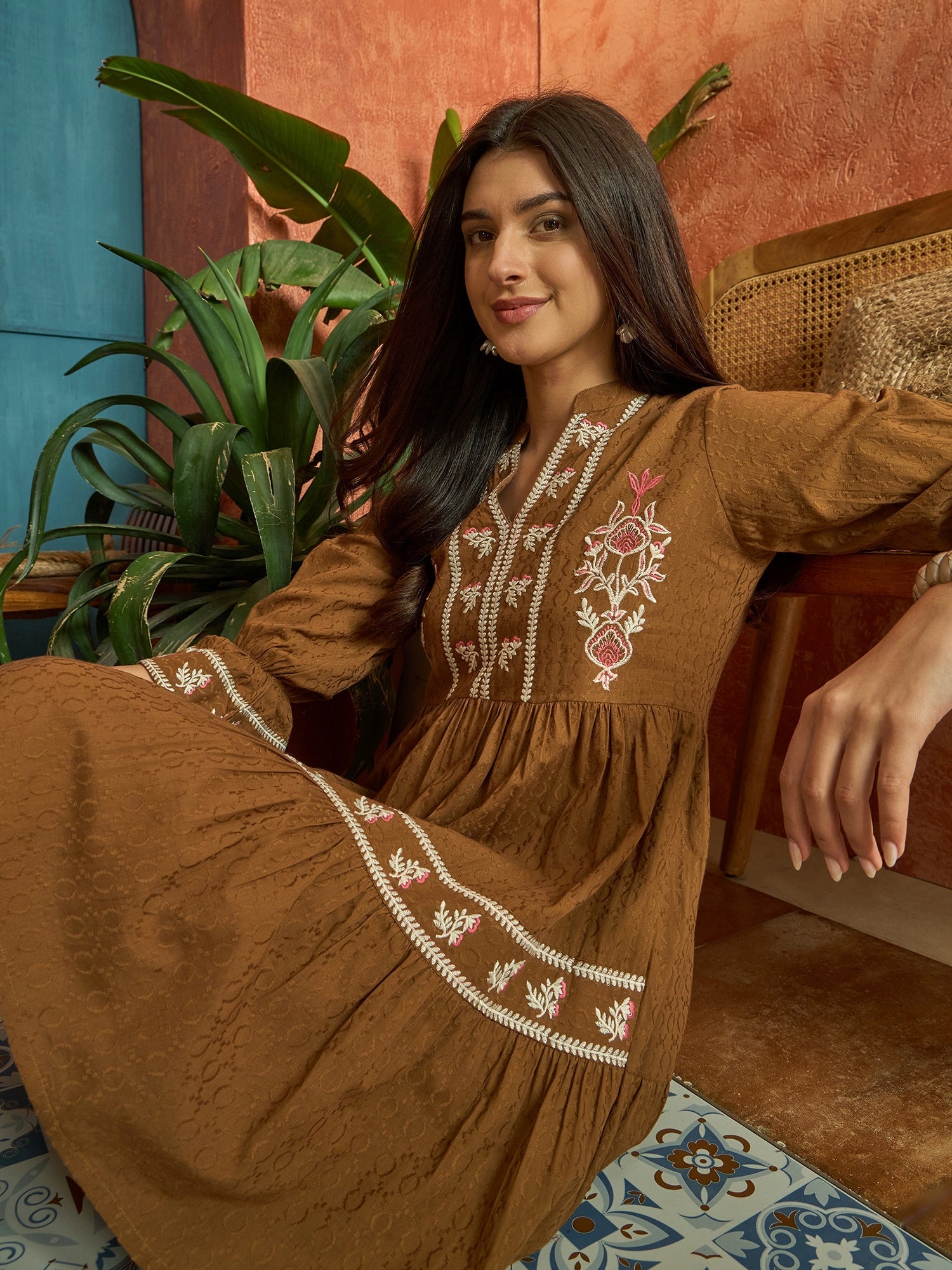 Women's Brown Woven Embroidered Cotton Dobby Tiered Dress (DRSBROWNTOF