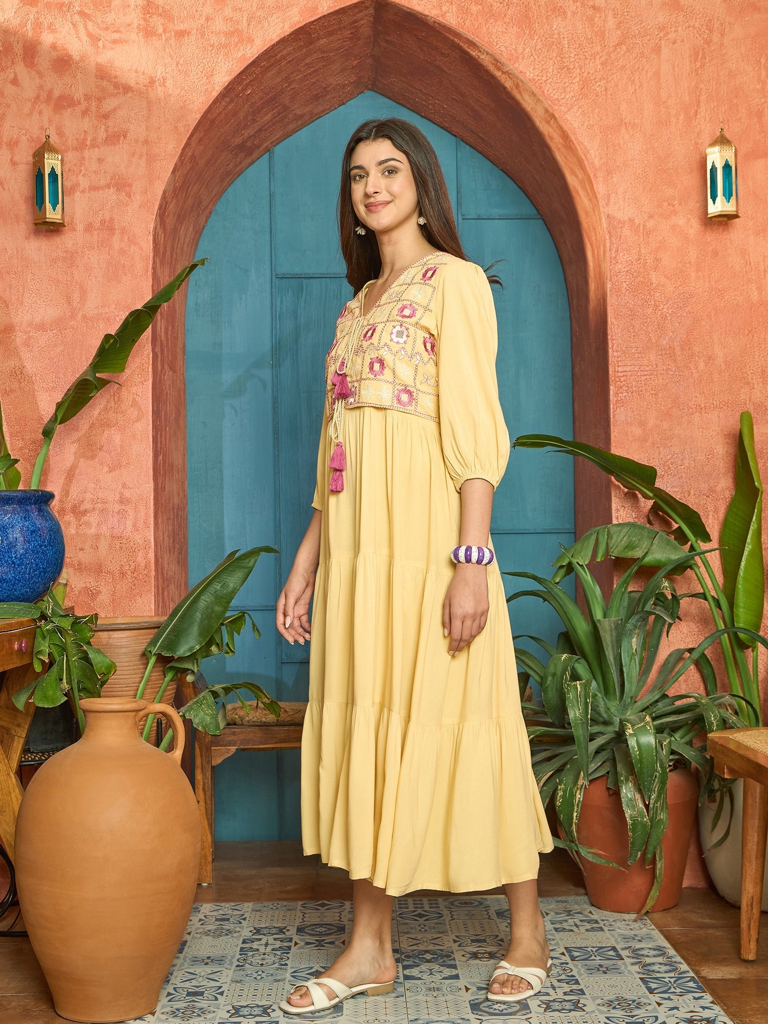 Women's Butter Solid & Embroidered Rayon Tiered Dress With Jacket (DRS