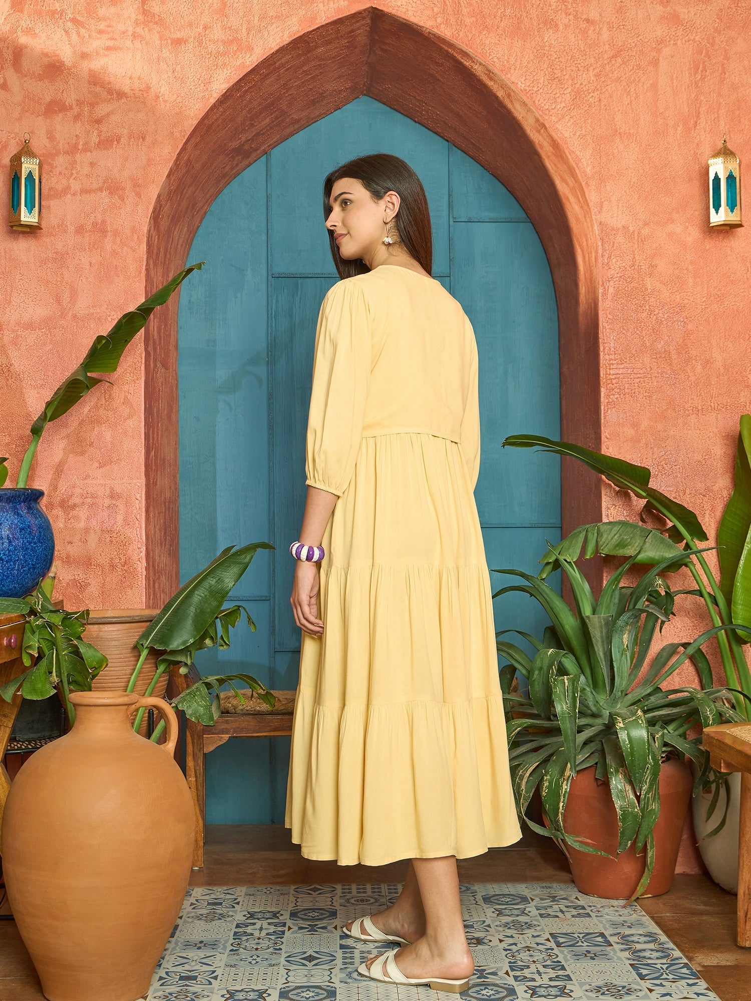Women's Butter Solid & Embroidered Rayon Tiered Dress With Jacket (DRS