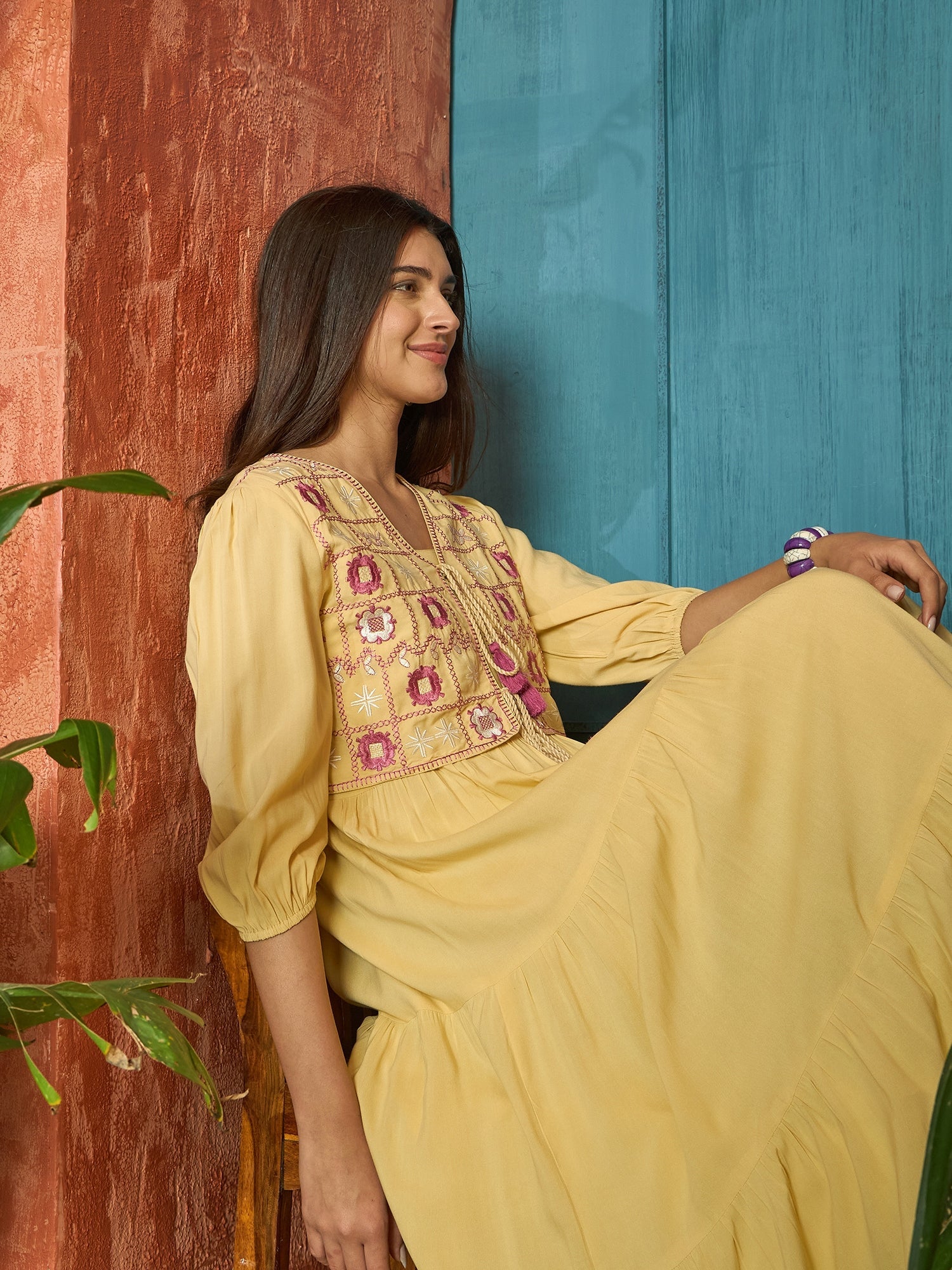 Women's Butter Solid & Embroidered Rayon Tiered Dress With Jacket (DRS