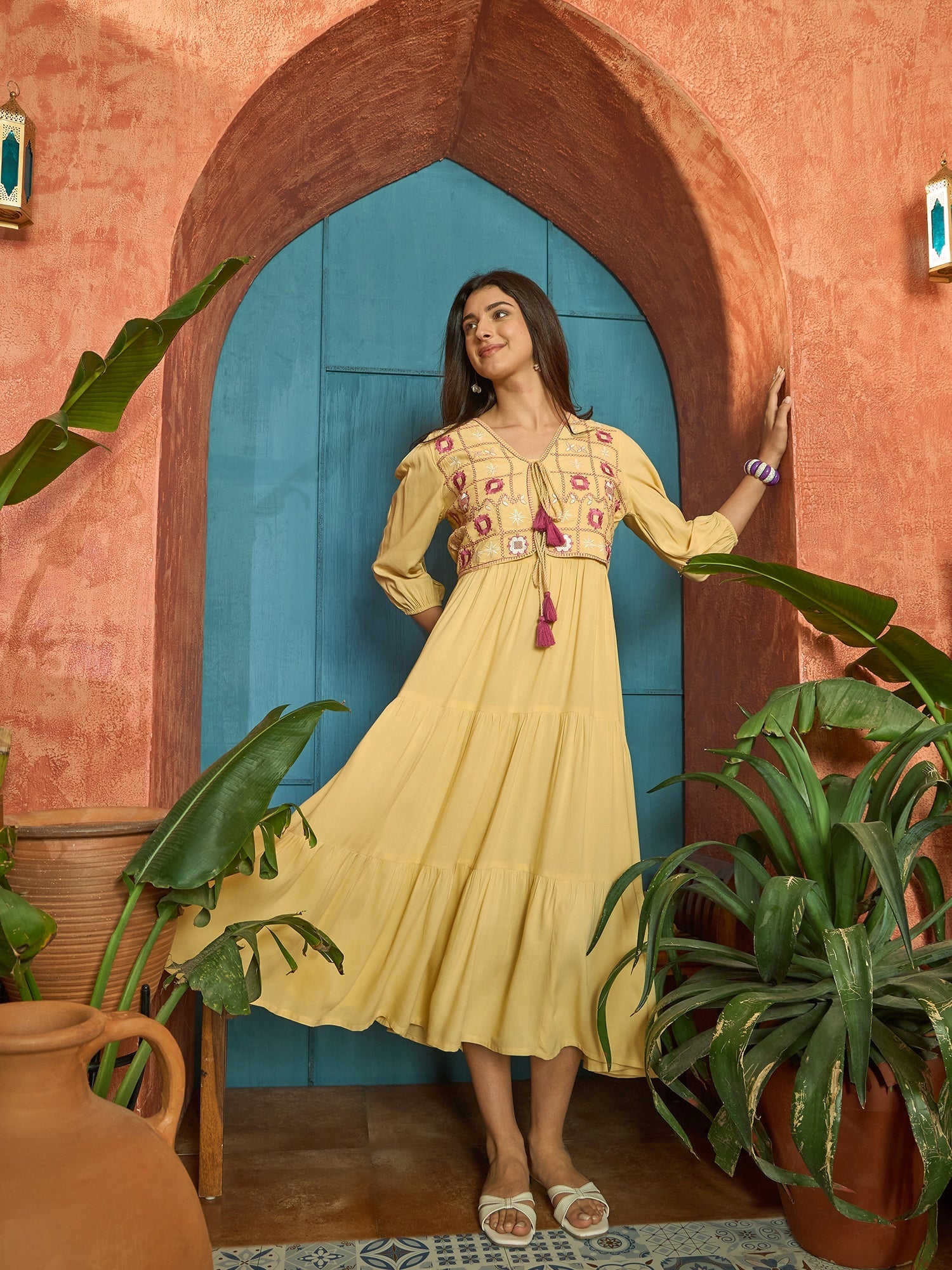 Women's Butter Solid & Embroidered Rayon Tiered Dress With Jacket (DRS