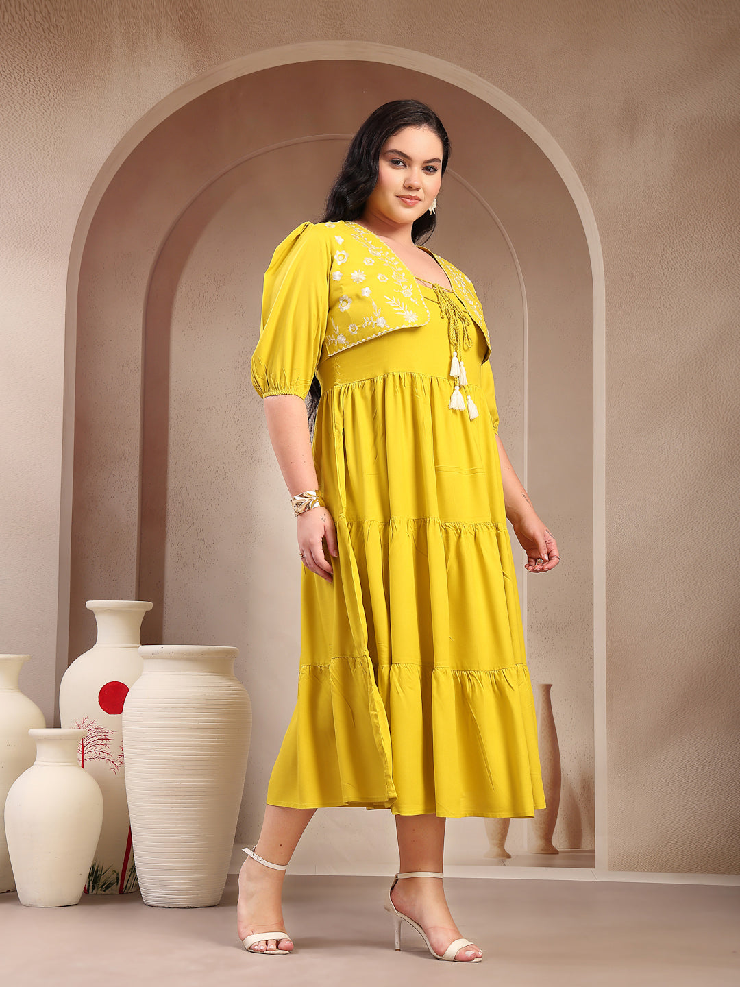 Women's Plus Size Corn Solid & Embroidered Rayon Tiered Dress with Jac