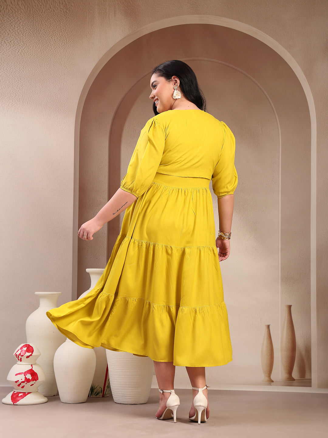 Women's Plus Size Corn Solid & Embroidered Rayon Tiered Dress with Jac
