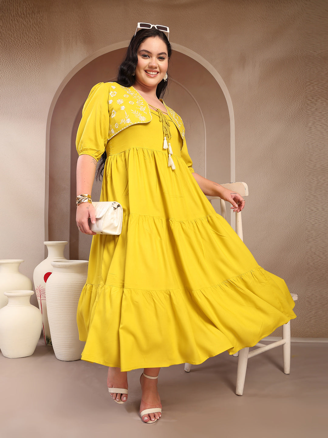 Women's Plus Size Corn Solid & Embroidered Rayon Tiered Dress with Jac