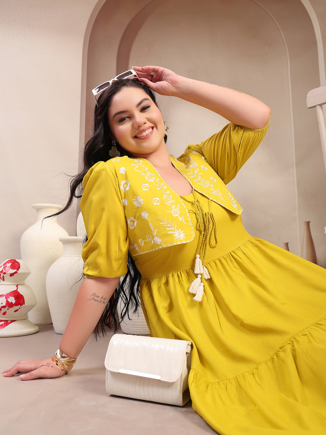 Women's Plus Size Corn Solid & Embroidered Rayon Tiered Dress with Jac