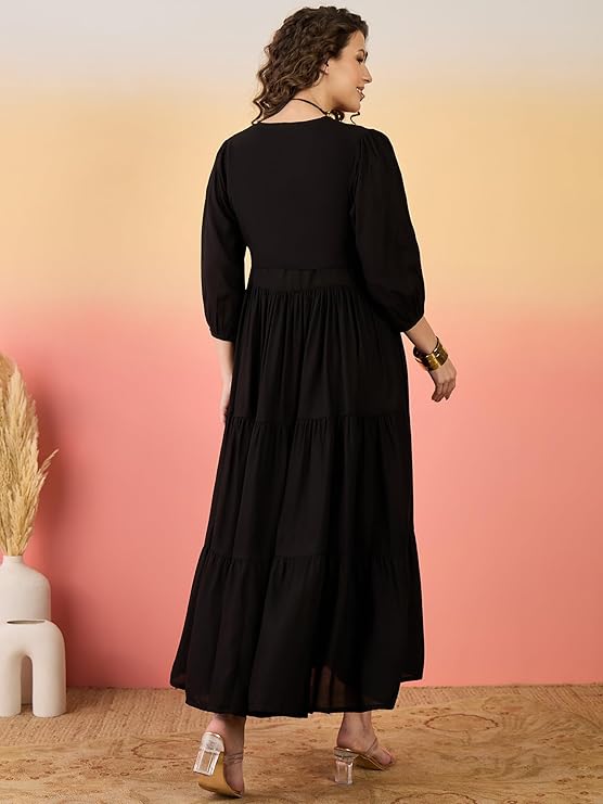 Women's Black Solid & Embroidered Rayon Tiered Dress with Jacket (DRSB