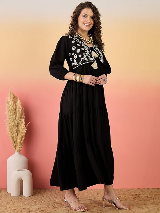 Women's Black Solid & Embroidered Rayon Tiered Dress with Jacket (DRSB