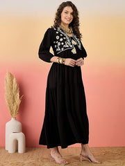 Stylum Women's Black Solid & Embroidered Rayon Tiered Dress with Jacket (DRSBLACKKAYN)