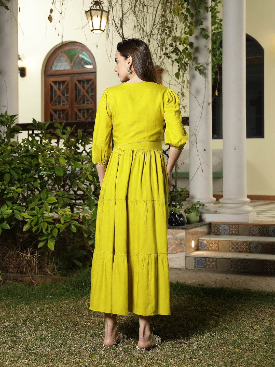 Women's Corn Solid & Embroidered Rayon Tiered Dress with Jacket (DRSCO