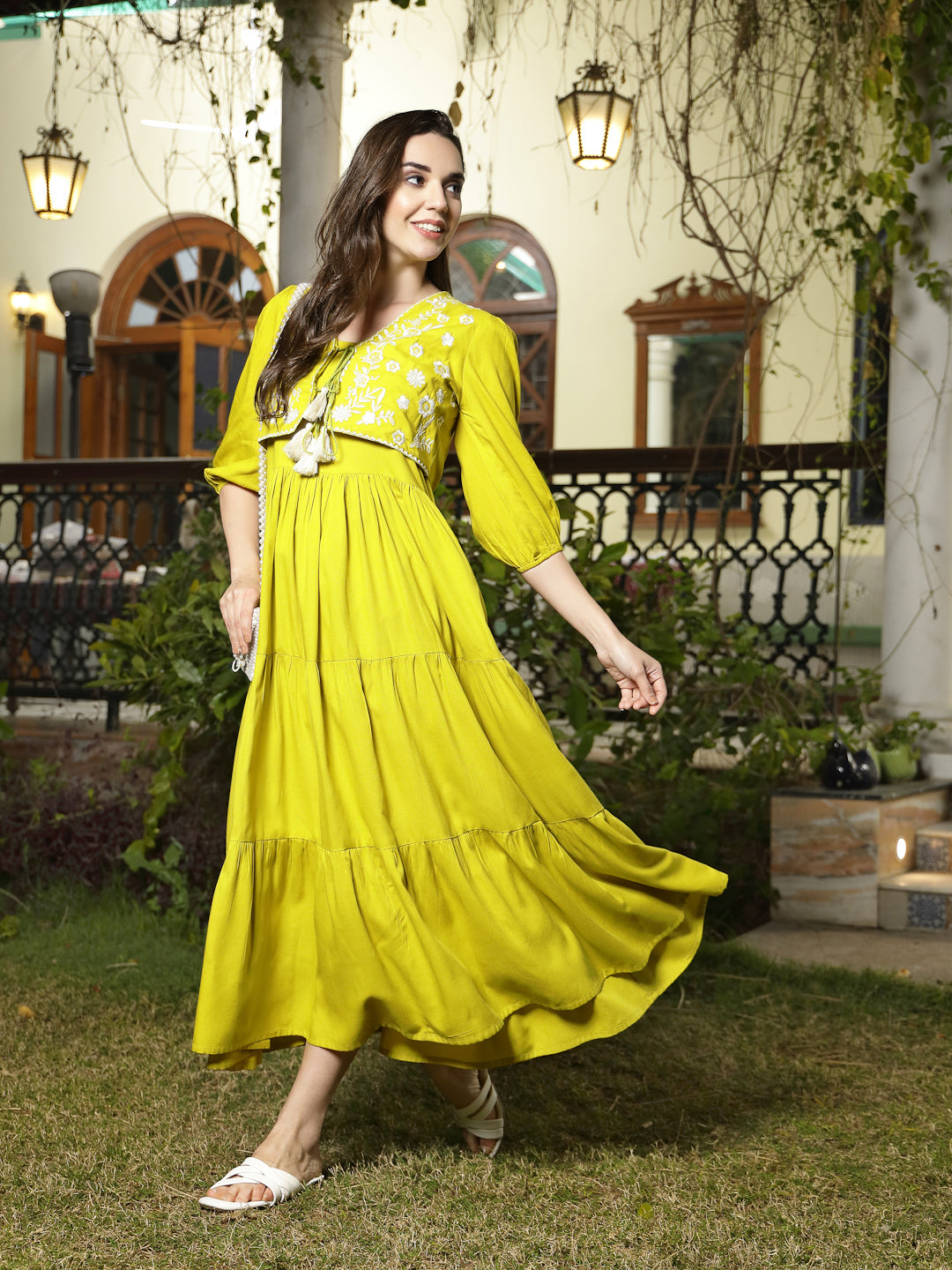 Women's Corn Solid & Embroidered Rayon Tiered Dress with Jacket (DRSCO