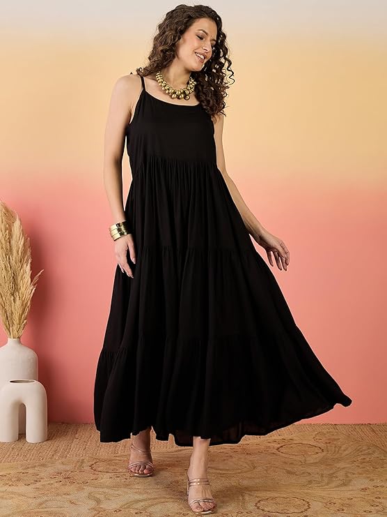 Women's Black Solid & Embroidered Rayon Tiered Dress with Jacket (DRSB