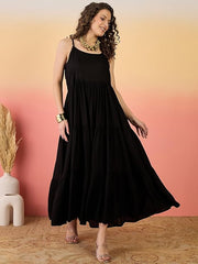 Stylum Women's Black Solid & Embroidered Rayon Tiered Dress with Jacket (DRSBLACKKAYN)