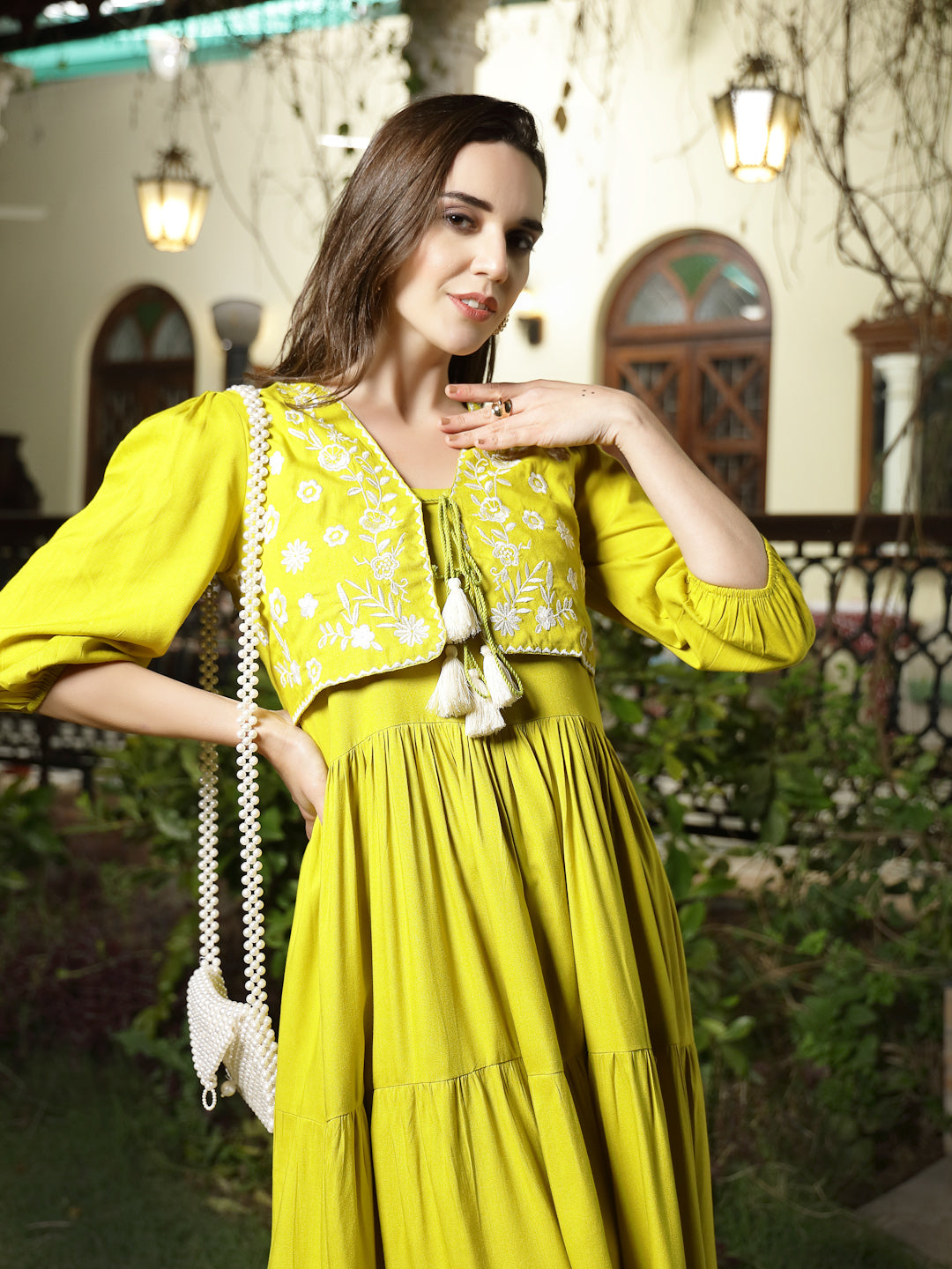 Women's Corn Solid & Embroidered Rayon Tiered Dress with Jacket (DRSCO