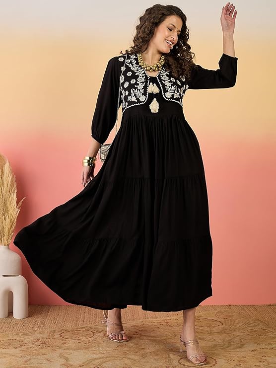 Women's Black Solid & Embroidered Rayon Tiered Dress with Jacket (DRSB