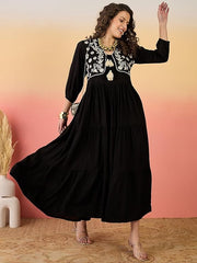 Stylum Women's Black Solid & Embroidered Rayon Tiered Dress with Jacket (DRSBLACKKAYN)