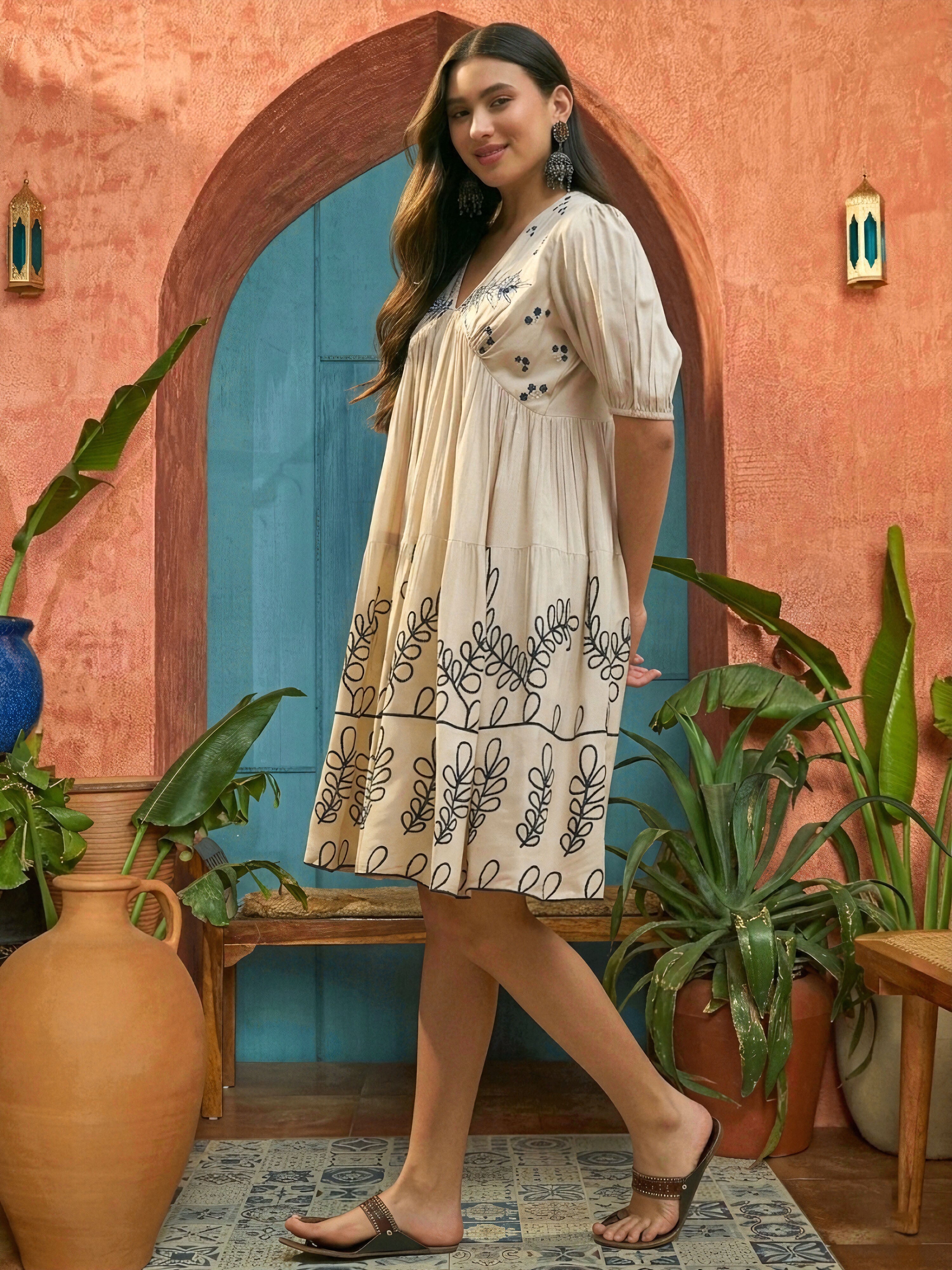Women's Cream Solid & Embroidered Rayon Empire Dress (DRSCREAMPANJIRI)