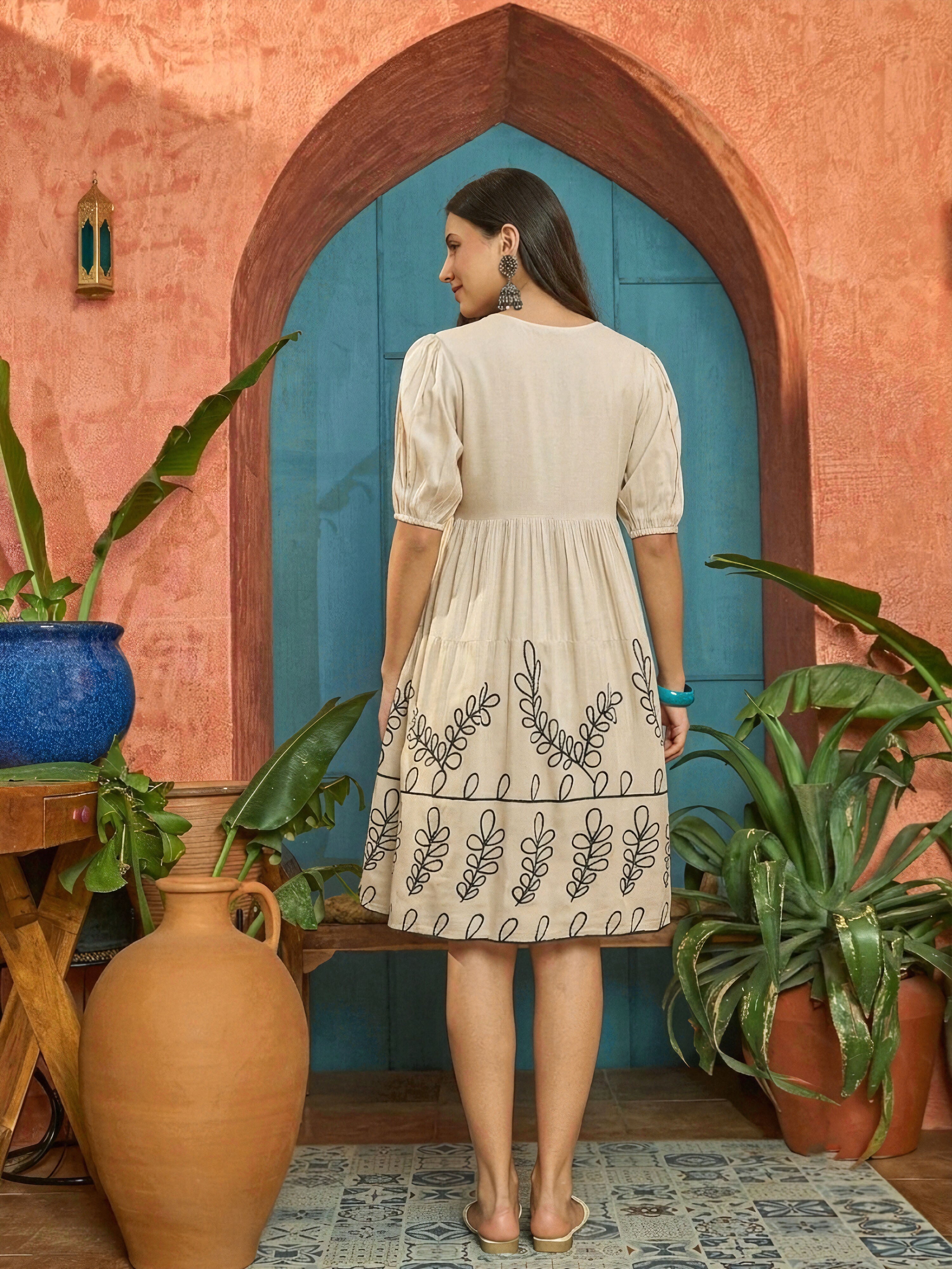 Women's Cream Solid & Embroidered Rayon Empire Dress (DRSCREAMPANJIRI)