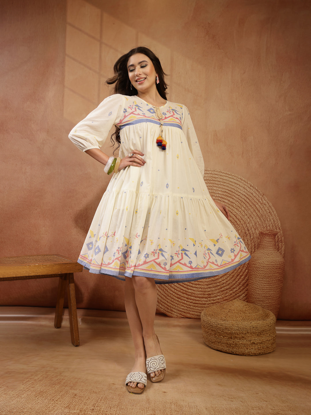 Women's Cream Solid & Embroidered Cotton Tiered Dress (DRSCREAMREXO) |