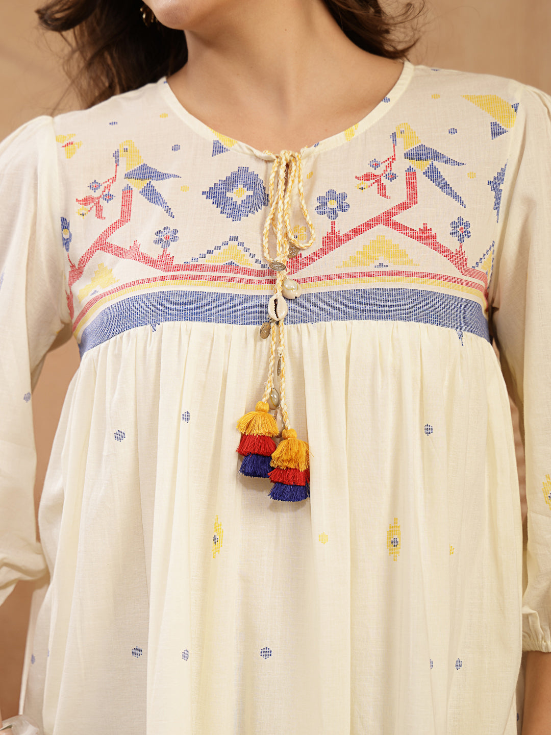 Women's Cream Solid & Embroidered Cotton Tiered Dress (DRSCREAMREXO) |