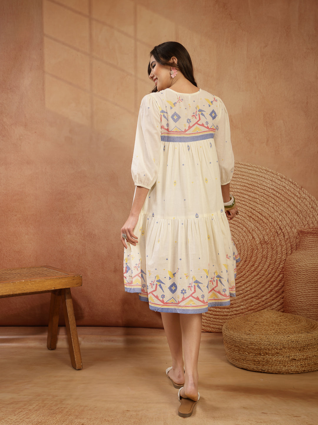 Women's Cream Solid & Embroidered Cotton Tiered Dress (DRSCREAMREXO) |
