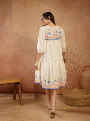 Stylum Women's Cream Solid & Embroidered Cotton Tiered Dress (DRSCREAMREXO)