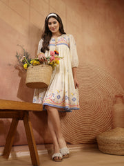 Stylum Women's Cream Solid & Embroidered Cotton Tiered Dress (DRSCREAMREXO)