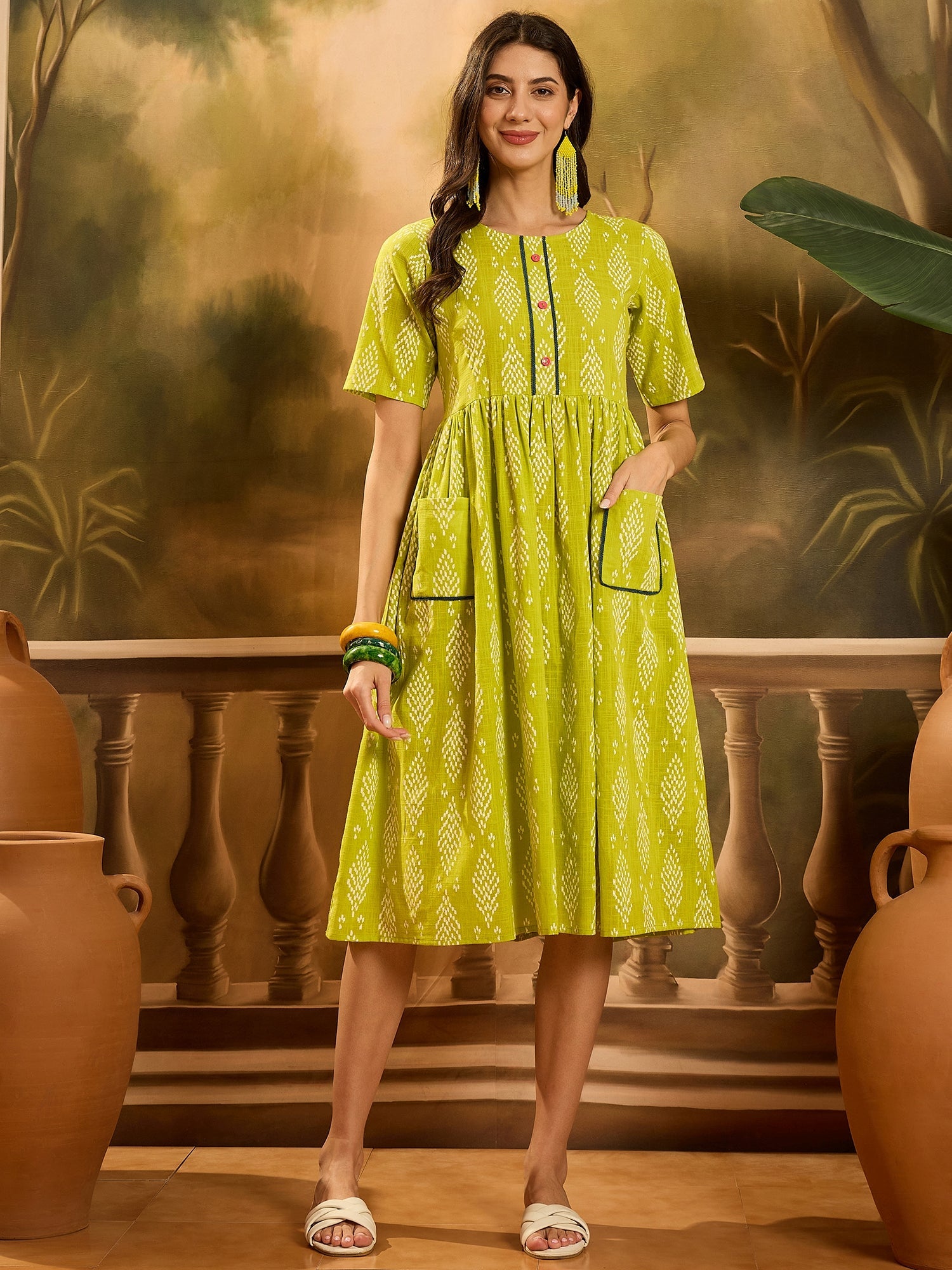 Women's Green Printed Cotton A-Line Dress (DRSGREENCULT) | DesiQlo