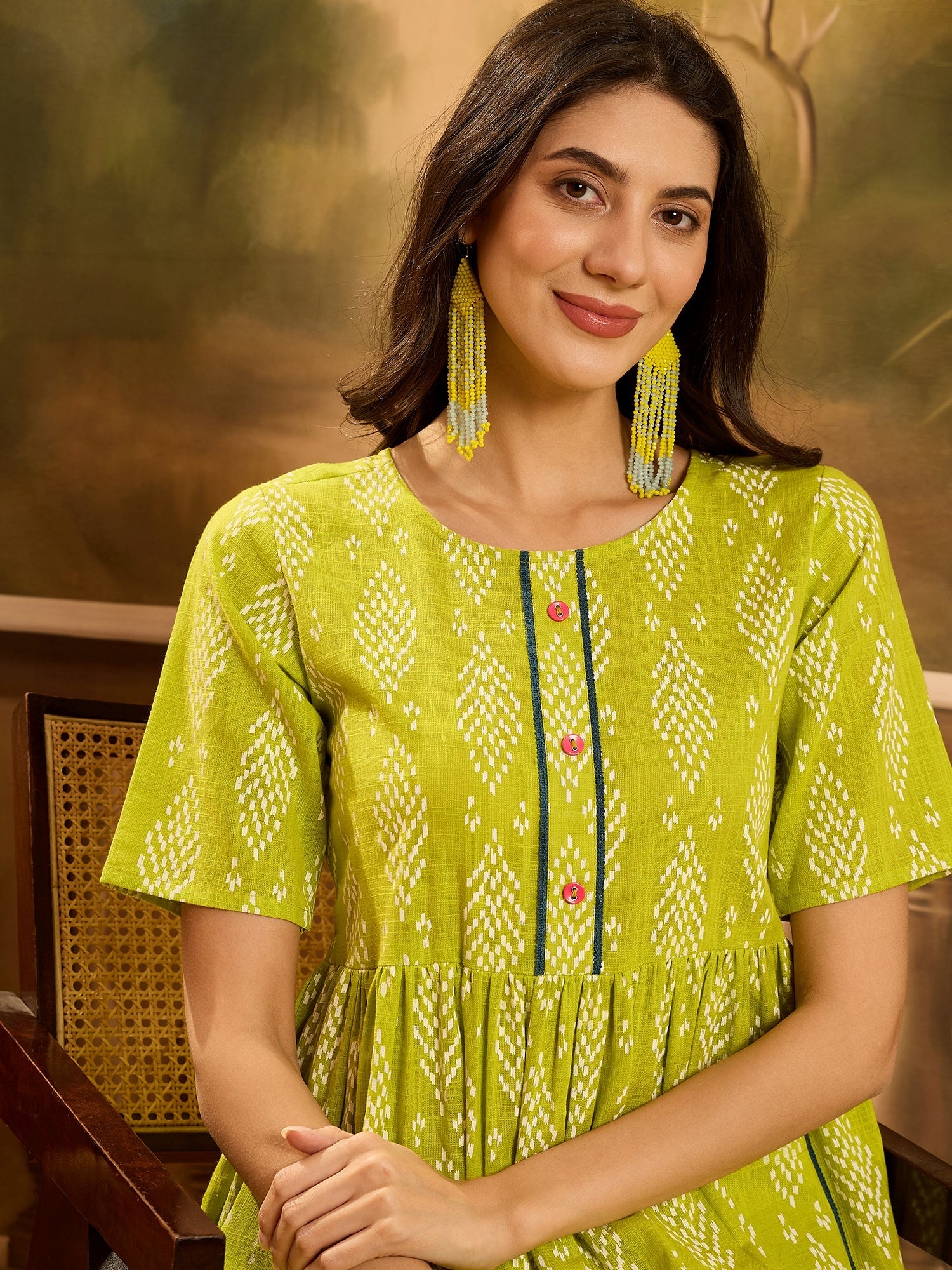 Women's Green Printed Cotton A-Line Dress (DRSGREENCULT) | DesiQlo