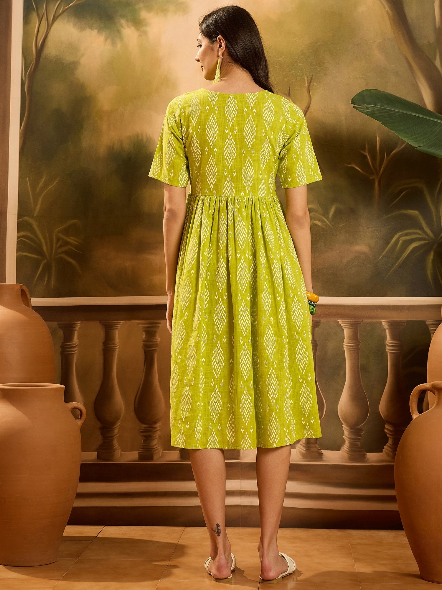 Women's Green Printed Cotton A-Line Dress (DRSGREENCULT) | DesiQlo