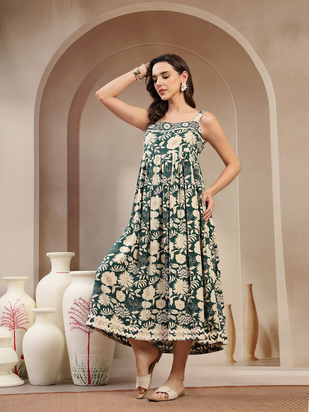 Women's Green Floral Printed Rayon Empire Dress (DRSGREENFLOW) | DesiQ