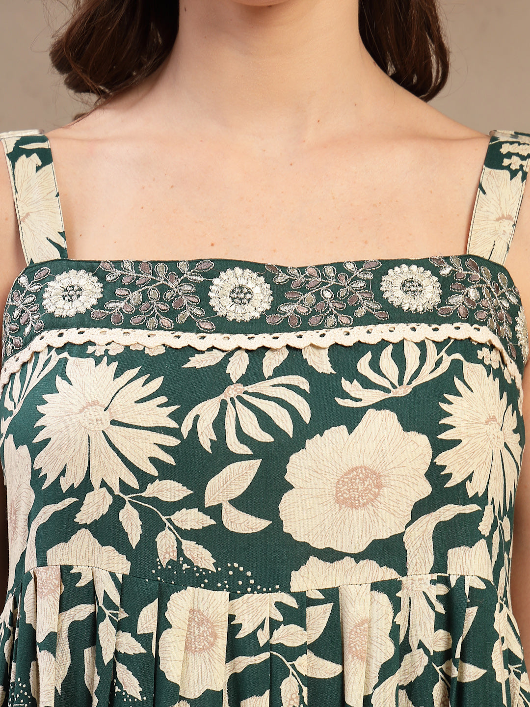 Women's Green Floral Printed Rayon Empire Dress (DRSGREENFLOW) | DesiQ