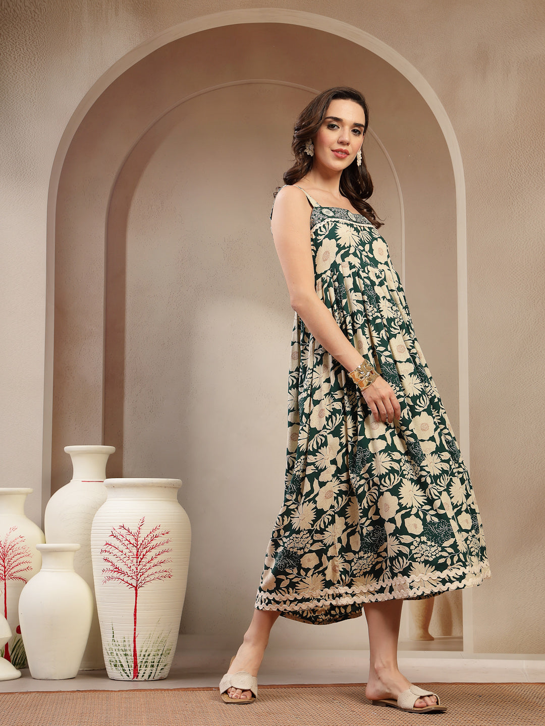 Women's Green Floral Printed Rayon Empire Dress (DRSGREENFLOW) | DesiQ