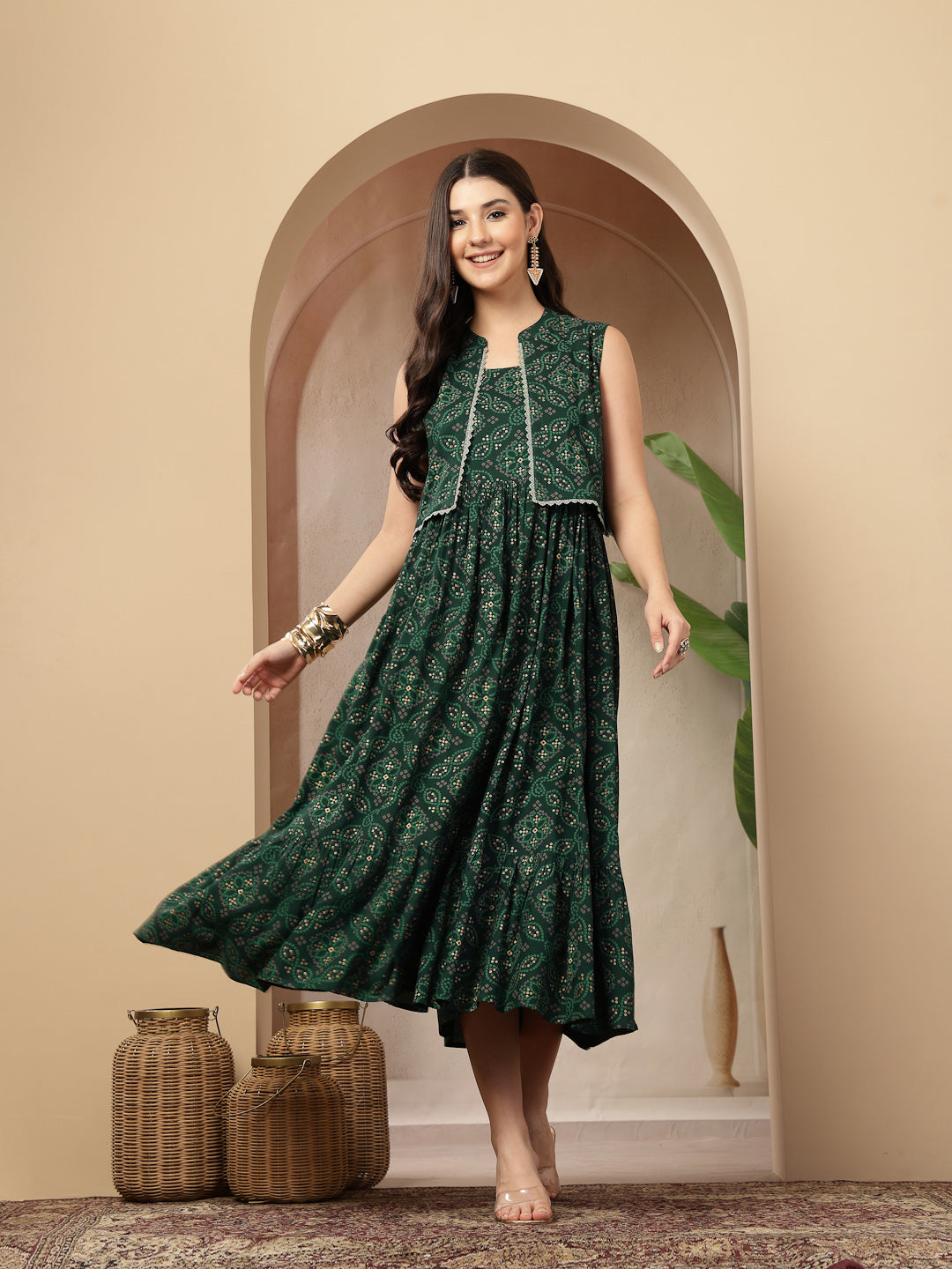 Women's Green Bandhej Printed Rayon Tiered Dress With Ethnic Jacket (D