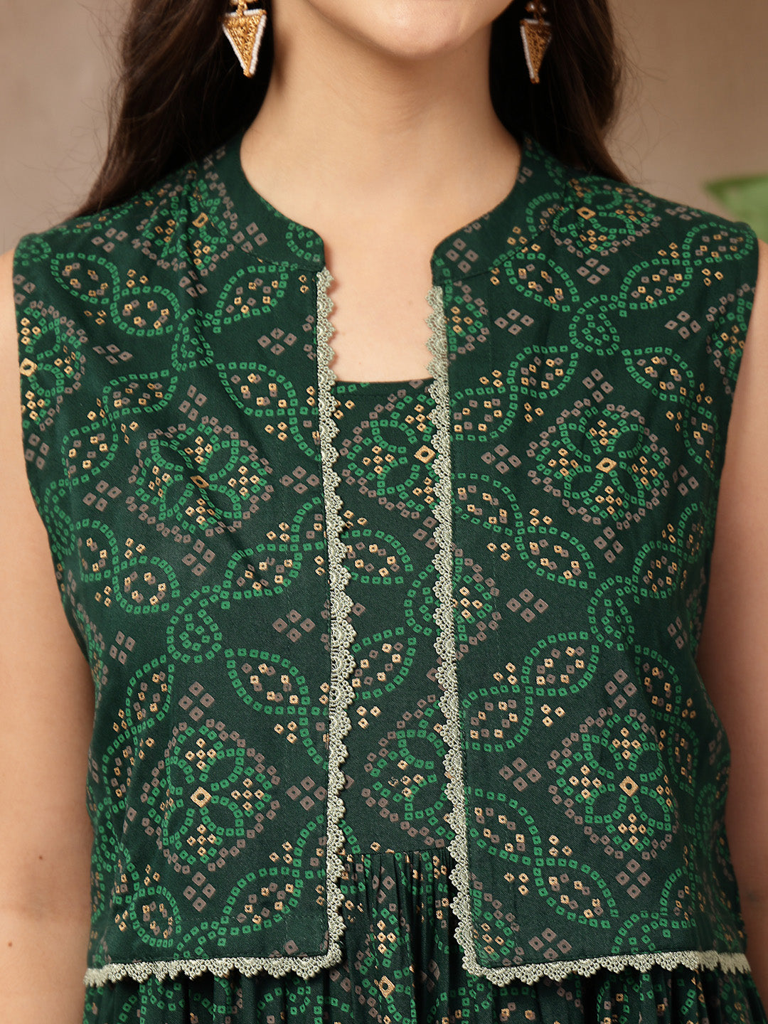 Women's Green Bandhej Printed Rayon Tiered Dress With Ethnic Jacket (D